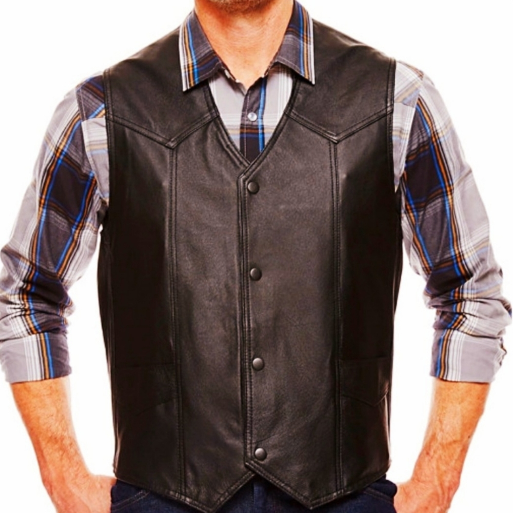 Red Ranch Dark Brown Snap Front V Neck Leather Vest